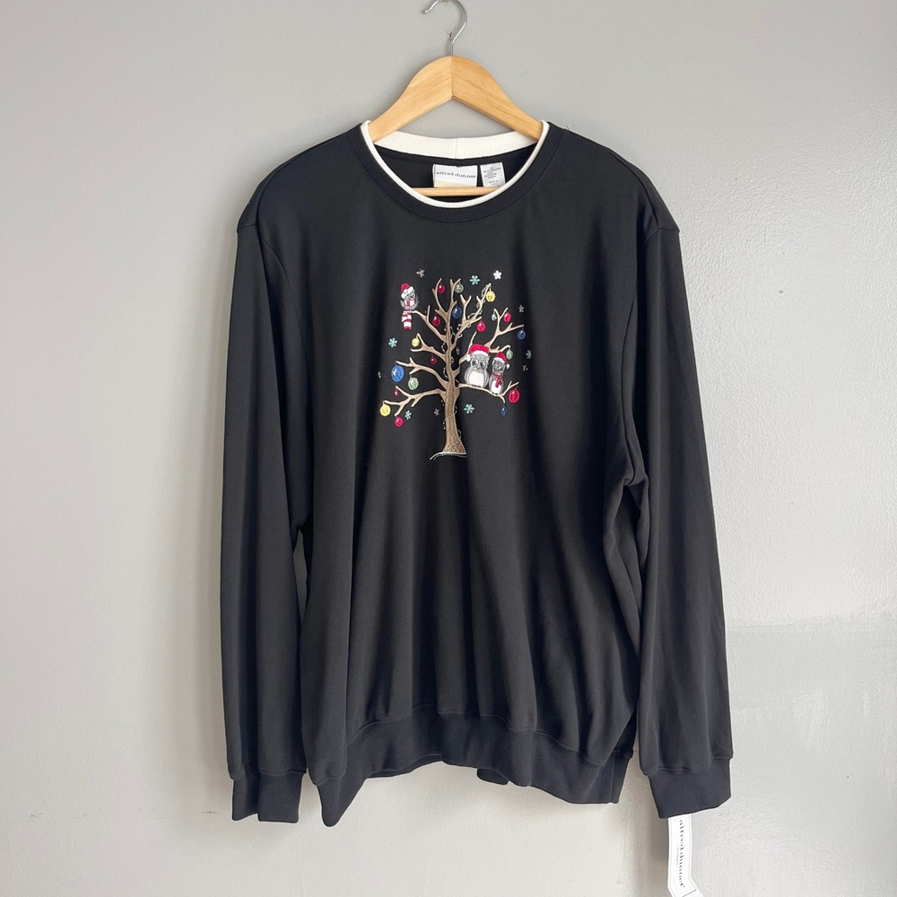 Alfred Dunner Sweater Women 3X Black Christmas Owls Tree Embroidered Festive NWT